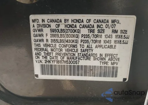 2007 Honda Pilot Lx from USA, damaged, VIN 2HKYF18117H530057